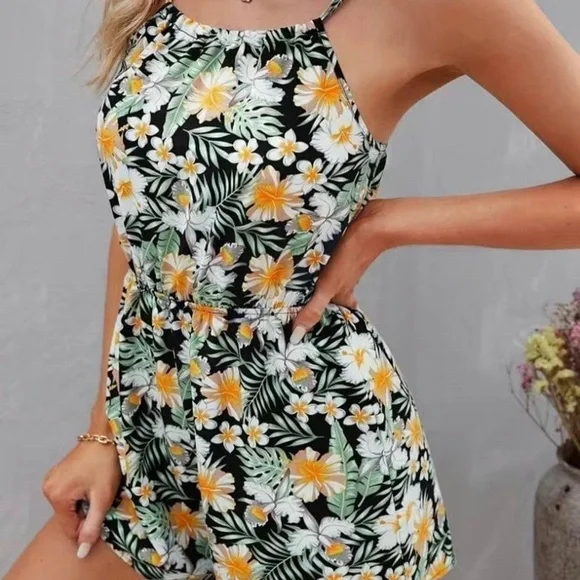 Floral Print Cami Romper Jumpsuit, Casual‎ Sleeveless Romper ,XXL - Picture 3 of 6